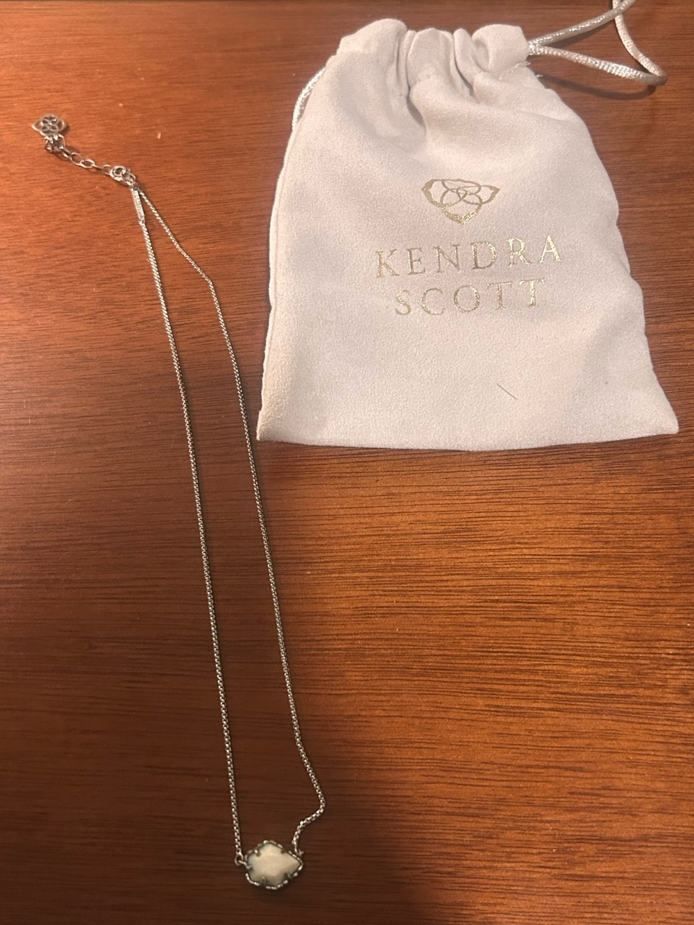Kendra Scott Silver Tone White Iridescent Pendant Necklace + Dust Bag